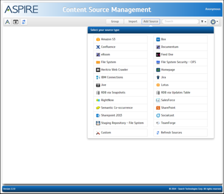 Aspire Content Source Management Page